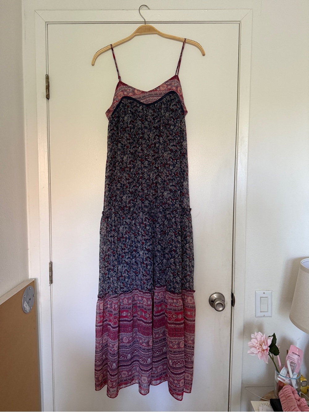 Xhilaration Navy and Red Floral Tiered Maxi Dress